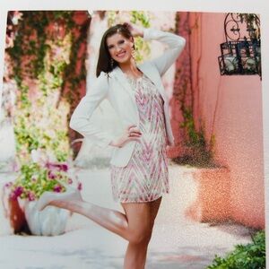 Chevron Patterned Mini Sheath Dress in Pink and Beige XS